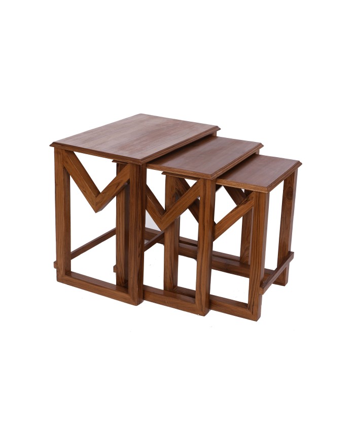Natural Teak  Wooden M Nesting Table-Set Of Three